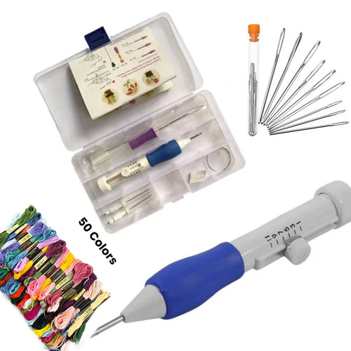Punch needle embroidery pen and 50-color thread kit